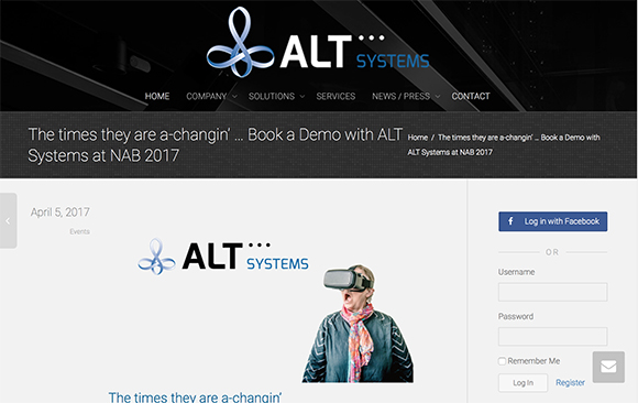 ALT Systems website showing a header with company logo and a news post about a demo at NAB 2017.