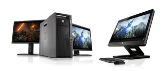 Various HP desktop computer towers and monitors displayed against a white background.