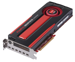 A black and red AMD FirePro Graphics W9000 workstation graphics card shown at an angle.