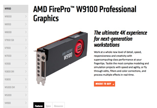 AMD FirePro W9100 graphics card shown next to marketing text for 4K workstation performance.