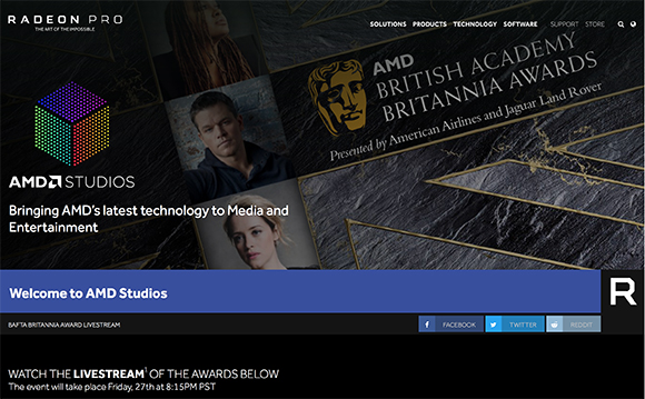 AMD Studios webpage featuring the British Academy Britannia Awards and portraits of actors.