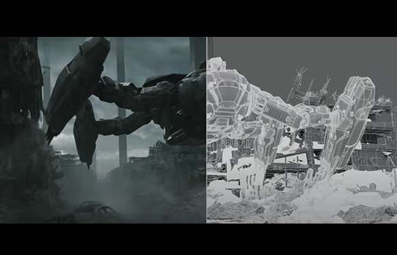 Split screen showing a rendered giant robot in a ruined city next to its white wireframe 3D model.