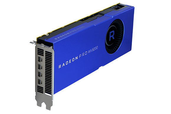 A blue Radeon Pro WX8200 professional graphics card shown at an angle against a white background.