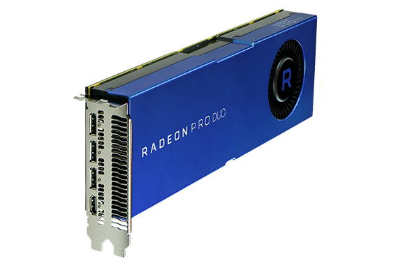A blue Radeon Pro Duo graphics card with a cooling fan and multiple display ports.