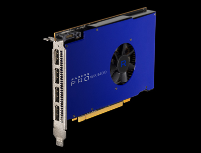 A blue Radeon Pro WX 5100 graphics card with a single cooling fan and multiple display ports.