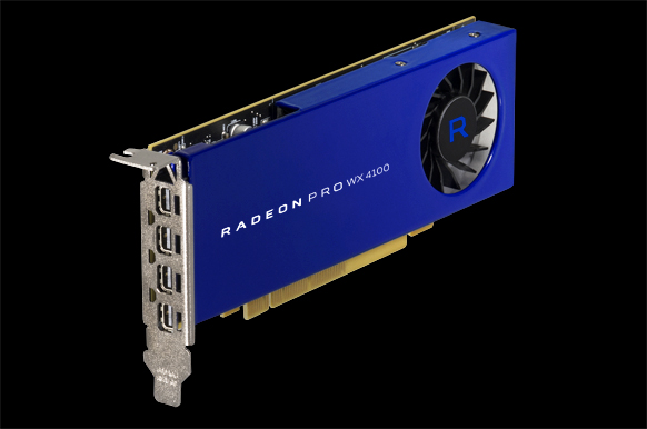 Blue Radeon Pro WX 4100 graphics card with a single fan and multiple display ports on a black background.
