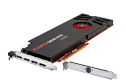 A black AMD FirePro graphics card with a cooling fan and a detached metal mounting bracket.
