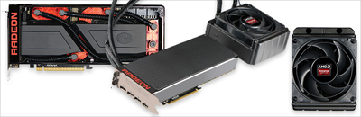 Multiple Radeon graphics cards and a black cooling fan component arranged on a white background.