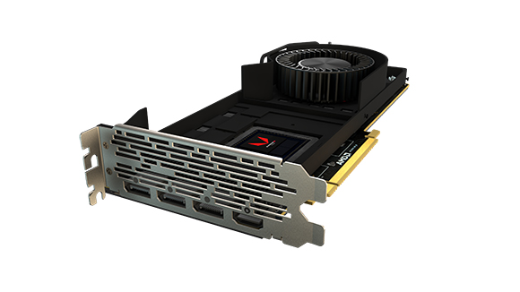 A black computer graphics card with a single cooling fan and a silver metal mounting bracket.