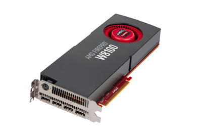 An AMD FirePro W8100 graphics card with a black shroud and a red cooling fan.