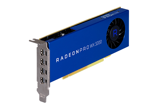 Blue Radeon Pro WX 3200 graphics card with a fan and four display ports.