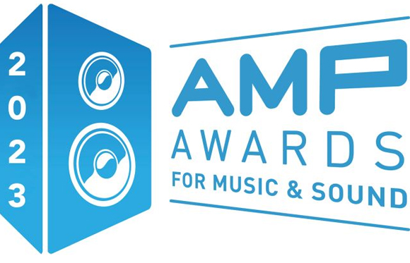 Blue and white logo for AMP Awards for Music & Sound.