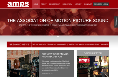 Website header for The Association of Motion Picture Sound with navigation menu and breaking news banner.