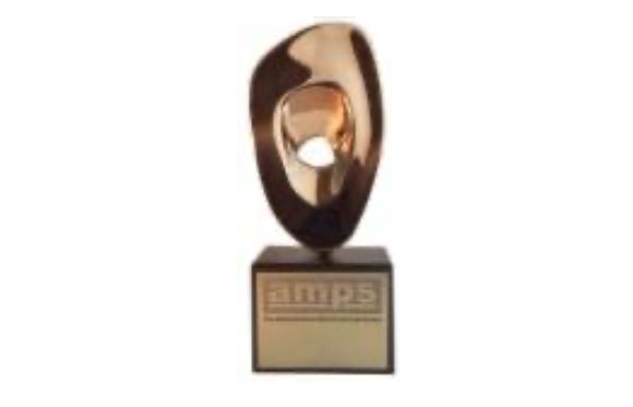 A gold, teardrop-shaped trophy with a hollow center mounted on a black rectangular base.