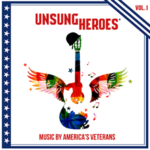Graphic of a colorful, winged guitar centered between the text Unsung Heroes and Music by America's Veterans.