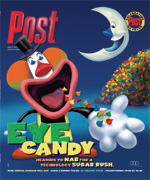 Cover of Post Magazine with a clown and a smiling crescent moon.