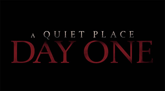 The text 'A QUIET PLACE DAY ONE' in white and red serif font against a black background.
