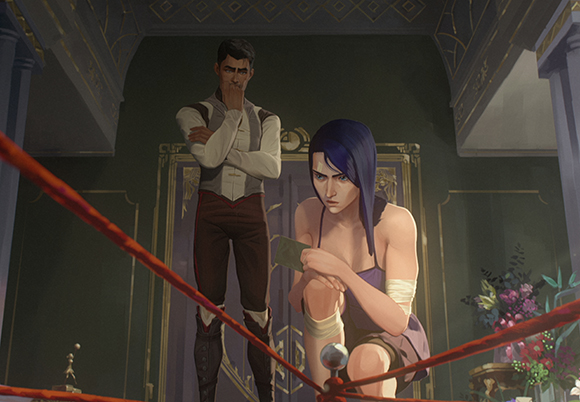 A man in a vest stands behind a woman with blue hair in a formal room.