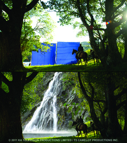 Split view showing a blue screen set with a rider on horseback above a finished shot of a waterfall.