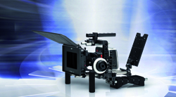 A professional cinema camera rig equipped with a monitor, matte box, and various mounting accessories.