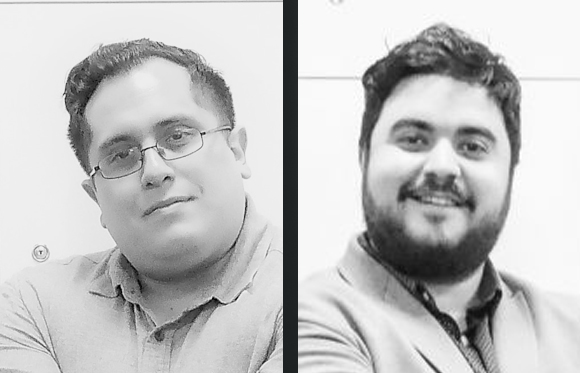 Two black and white headshots of men, one wearing glasses and a polo shirt, the other with a beard and a blazer.
