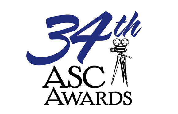 Blue text reading 34th with a black line drawing of a vintage movie camera on a tripod above ASC Awards.