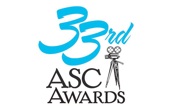 Blue stylized number 33rd above a black line drawing of a movie camera on a tripod and the text ASC AWARDS.