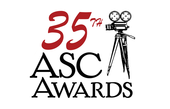 Logo for the 35th ASC Awards featuring red text and a black line drawing of a vintage movie camera on a tripod.