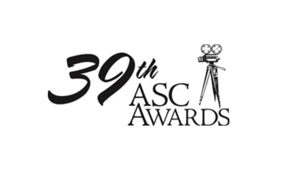 Black logo for the 39th ASC Awards featuring a vintage movie camera on a tripod.