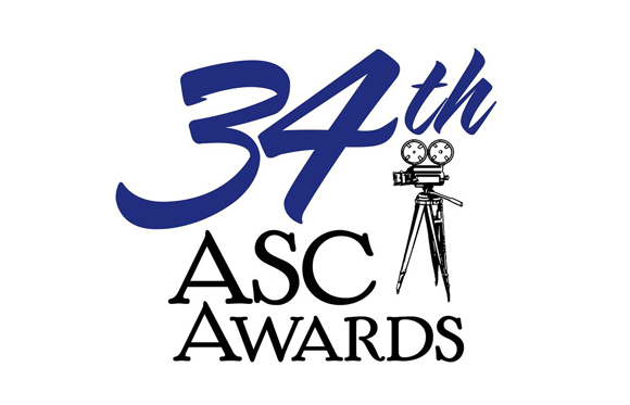 Blue 34th text above black ASC Awards text and a film camera icon on a tripod.