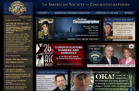 Homepage of The American Society of Cinematographers featuring news, articles, and video links.