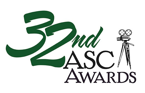 Green text reading 32nd ASC Awards next to a black line drawing of a vintage movie camera on a tripod.