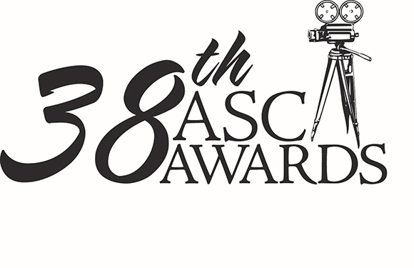 Black text reading 38th ASC Awards with a vintage film camera icon on a tripod.