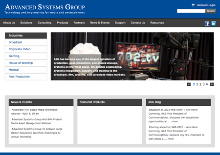 Homepage of Advanced Systems Group featuring a banner image of studio equipment and news and product sections.