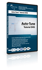 A blue and white DVD case for an Auto-Tune Tutorial DVD featuring a waveform graphic.