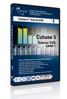 A blue and white box for Cubase 5 Tutorial DVD Level 1 featuring a digital audio mixer graphic.