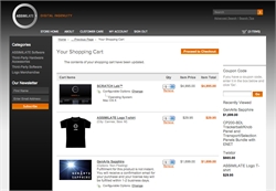 A web browser displaying an online shopping cart with items like a laptop, a t-shirt, and software.