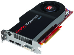 An ATI FirePro 3D Graphics V750 video card with a black cooling shroud and a single fan.