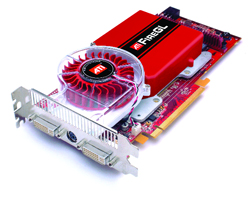 An ATI FireGL graphics card with a red heatsink and a circular cooling fan.
