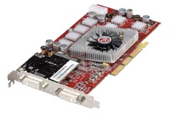 A red computer graphics card featuring a silver heatsink, a small black fan, and various electronic components.