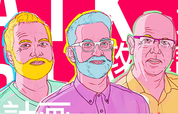 Colorful digital illustration of three men with different hair and beard colors against a pink background.