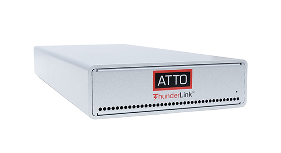 A silver rectangular ATTO ThunderLink hardware device on a white background.