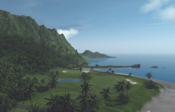 Aerial view of a green golf course with palm trees, a sandy beach, and mountains meeting the blue sea.