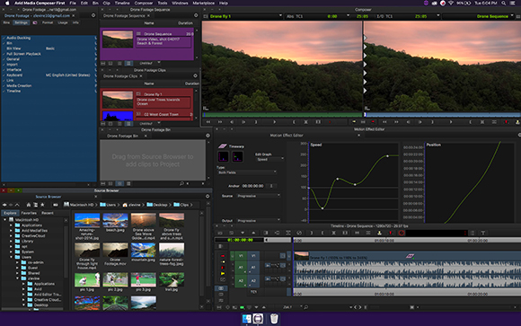 Interface of a video editing software showing multiple timelines, video clips, and a motion effect editor.