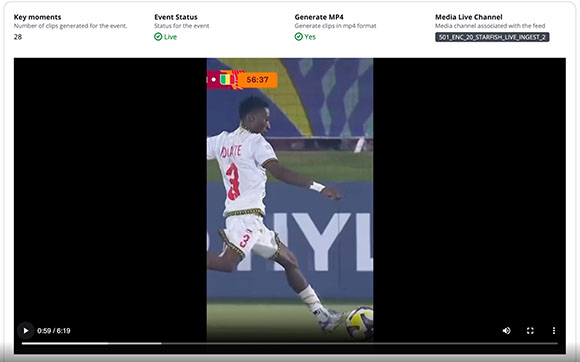 A soccer player in a white jersey kicks a ball during a match on a video player interface.