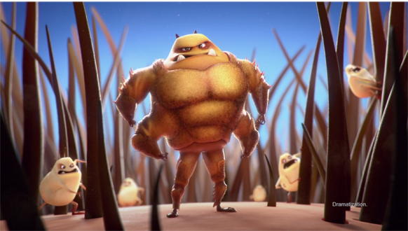 A large, muscular yellow monster stands in tall grass surrounded by several smaller, round creatures.