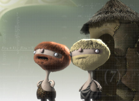 Two small, fuzzy-haired animated characters stand side-by-side in front of a textured, thatched hut.