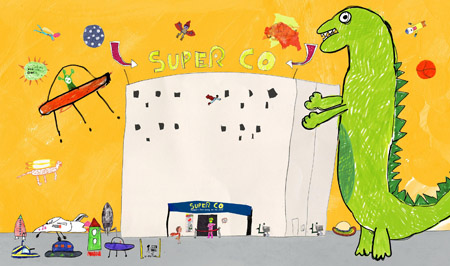 A large green dinosaur stands beside a white building with 'SUPER CO' written above the entrance.