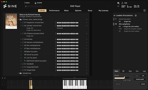 A digital interface for SINE Player showing a list of instrument articulations and sound settings.
