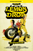 Yellow and black poster for Lemon Drop featuring a woman and a motorcycle.